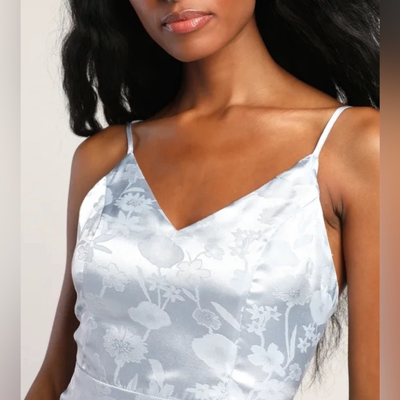 Love It Light Blue Satin Floral Jacquard Asymmetrical Midi Dress - Picture 3 of 7